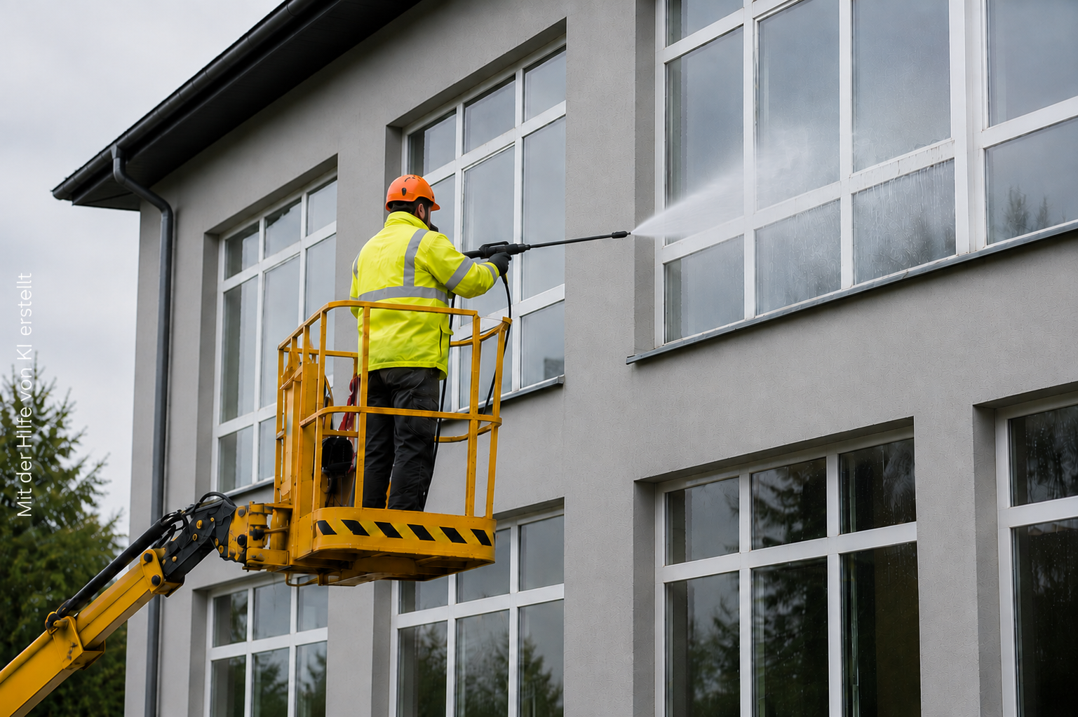 Professionelle Fassadenreinigung an einem modernen Geschäftsgebäude: Eine Reinigungskraft arbeitet mit einem Hochdruckreiniger von einer Hebebühne aus.