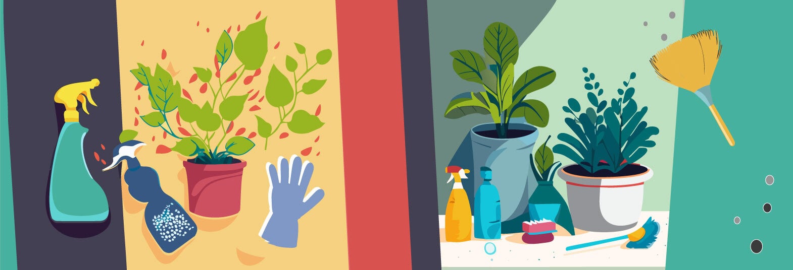 Rengøringsartikler og planter der illustrerer bæredygtighed