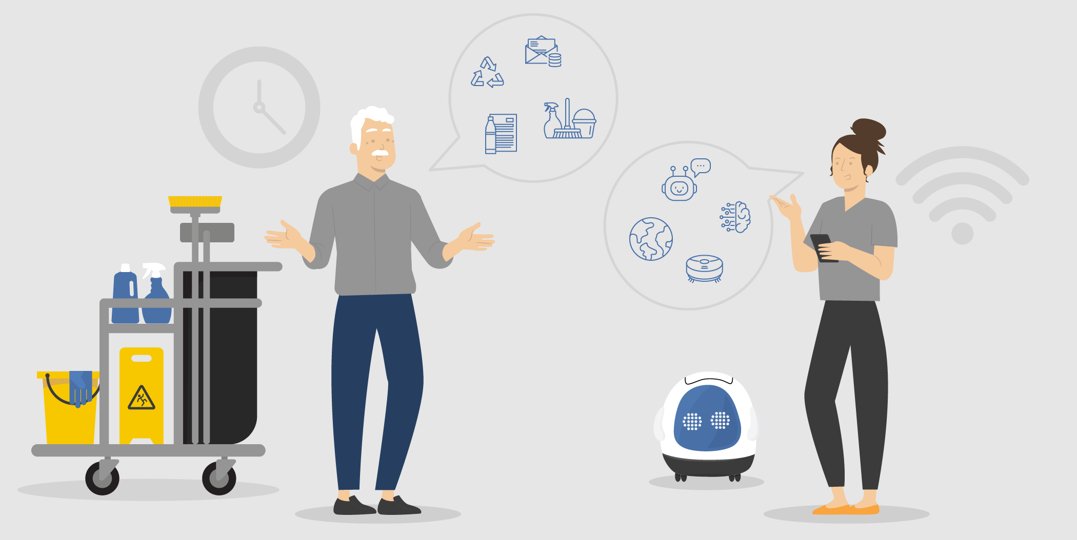 Older worker with traditional cleaning equipment meets younger worker using modern cleaning technology.