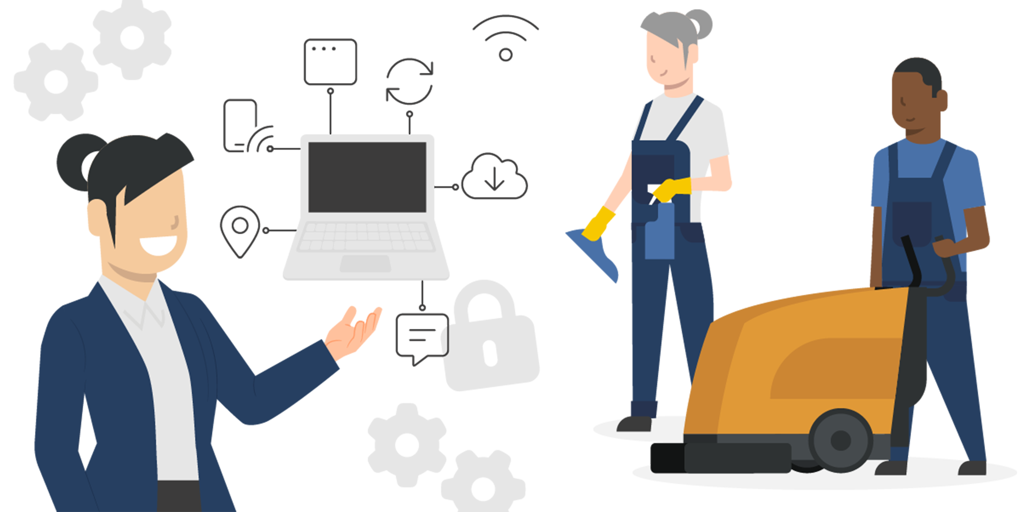 Cleaning operations manager talking about technology with the cleaning assistents