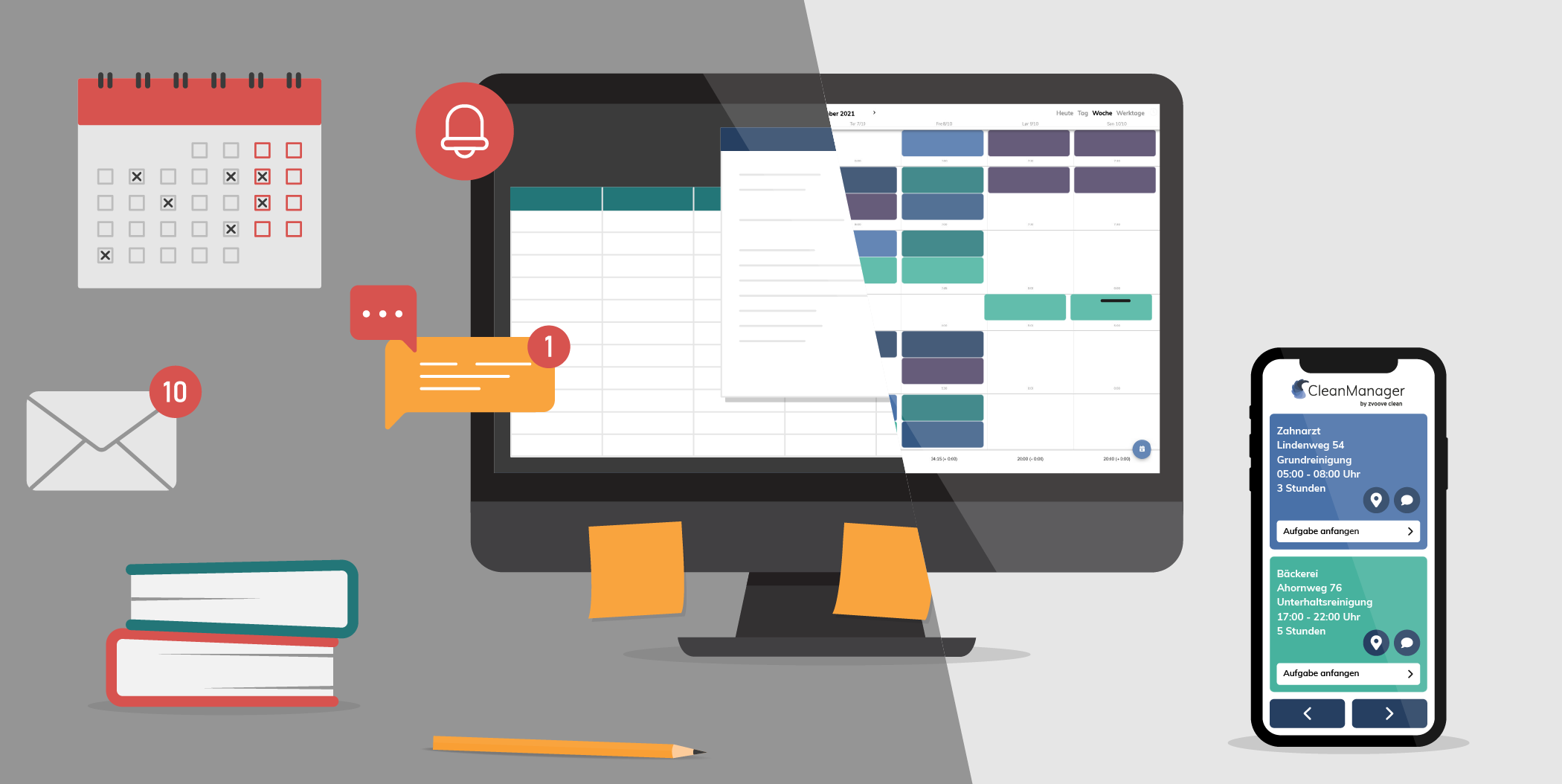Vergleich: Chaotische Termin- und Aufgabenverwaltung vs. klare Übersicht durch Software auf PC und Smartphone.