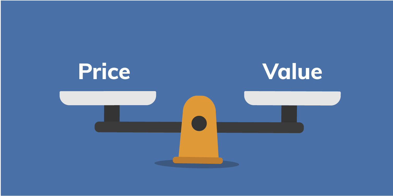 Balance scale comparing price and value.