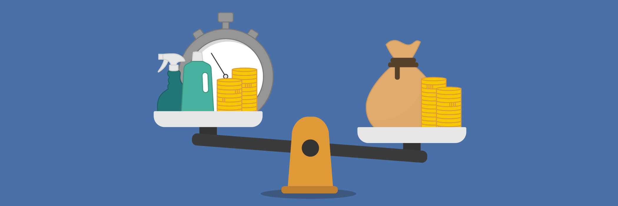 Illustration af en vægt, hvor den ene side har rengøringsflasker, mønter og et stopur, mens den anden side har en sæk med mønter.