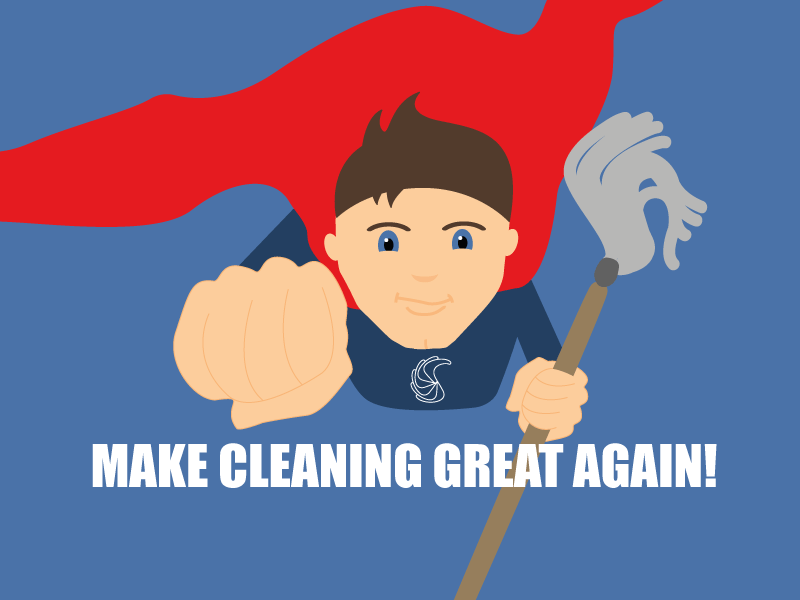Illustration af en superhelt med rød kappe, der flyver fremad med en moppe i hånden og teksten ‘MAKE CLEANING GREAT AGAIN!’ nedenunder.