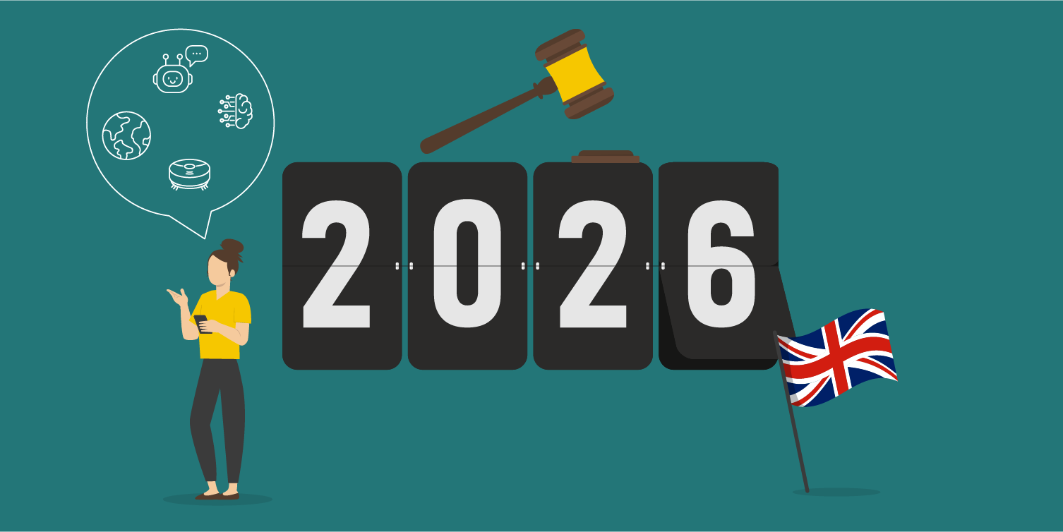 Illustration showing “2026” with UK flag and icons representing technology, sustainability, and regulation trends in the cleaning industry