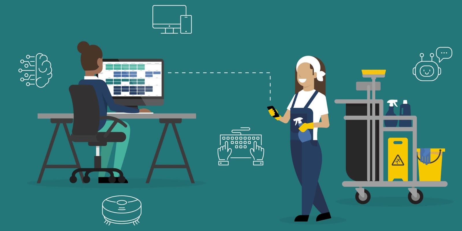 Digitale Vernetzung in der Gebäudereinigung: Ein Verwaltungsmitarbeiter plant effizient am Computer, während eine Reinigungskraft mobil per Smartphone Informationen abruft und Aufgaben koordiniert, um Prozesse durch klare Kommunikation zu optimieren.